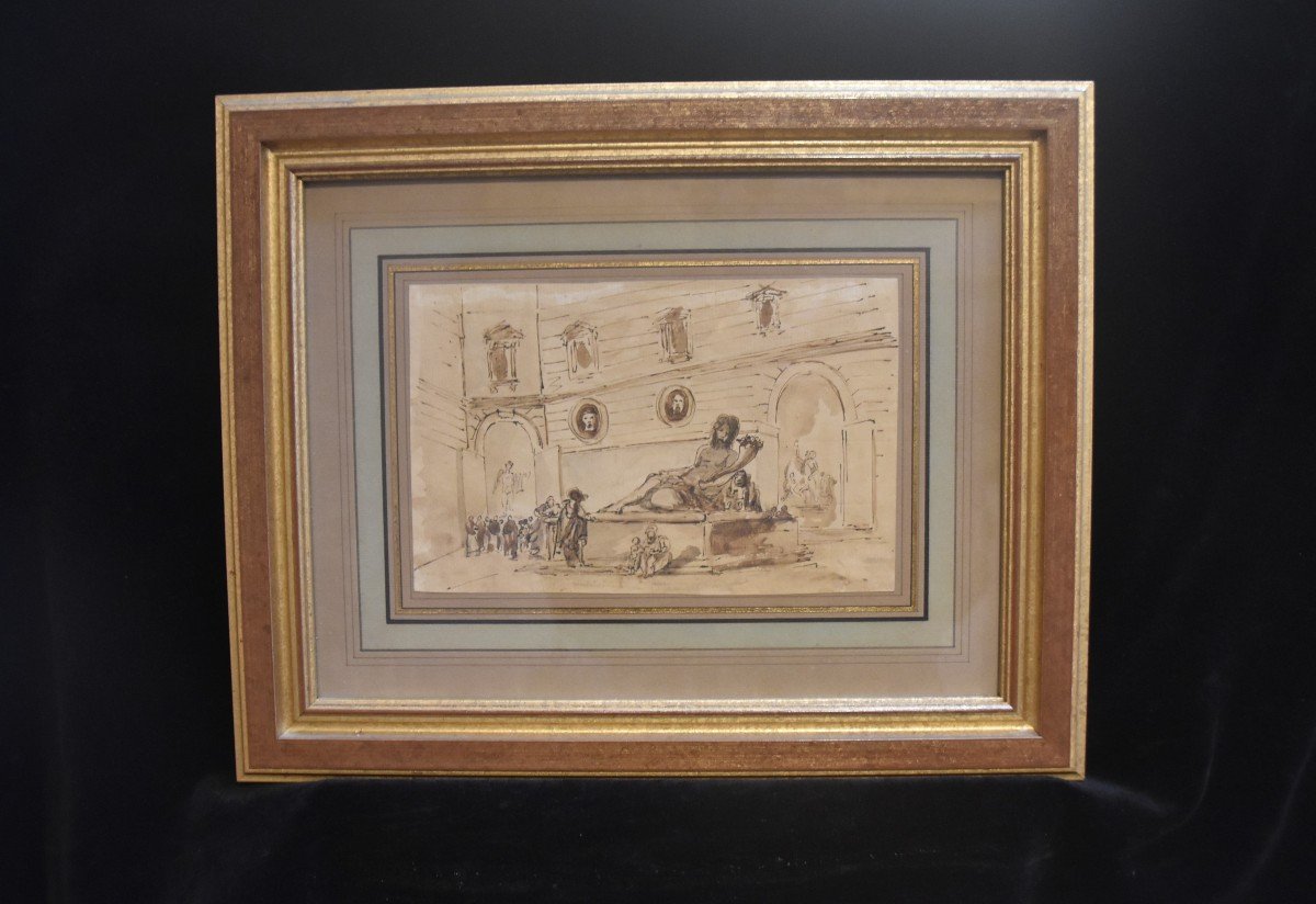 18th Century Roman School , A Palazzo With Antiques, Drawing-photo-3