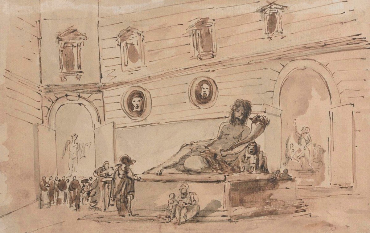 École romaine du XVIIIe siècle, Une cour de palais aux antiques, dessin au lavis