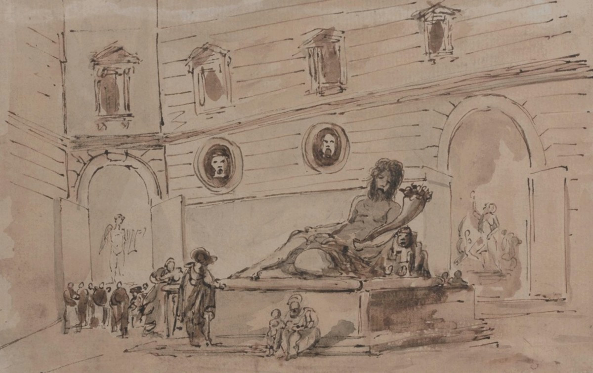 18th Century Roman School , A Palazzo With Antiques, Drawing