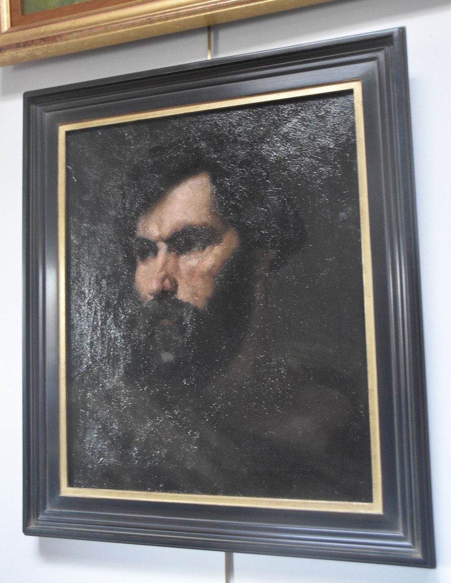 École romantique française 19ème siècle Tête d'homme barbu huile sur toile-photo-1