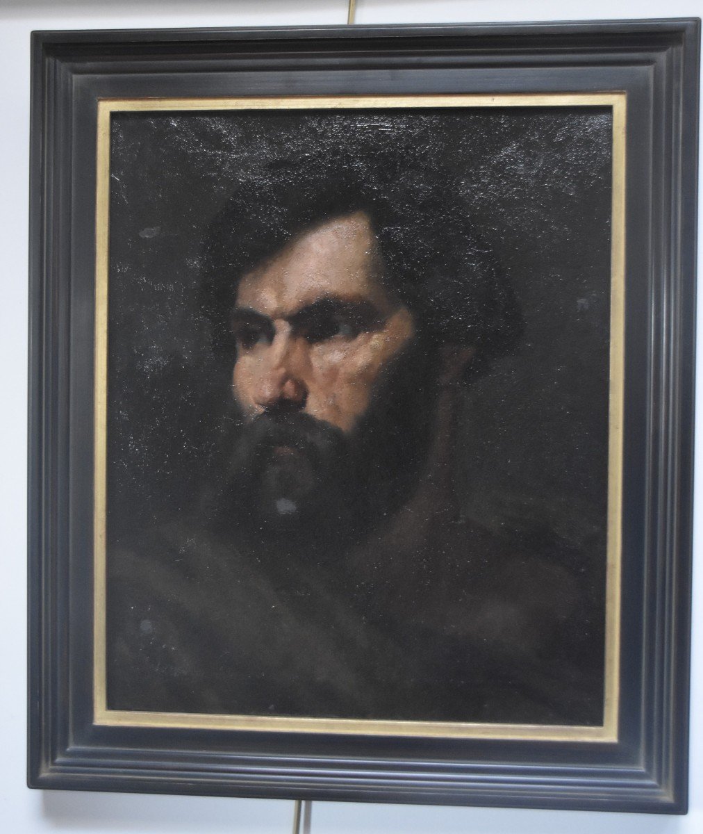École romantique française 19ème siècle Tête d'homme barbu huile sur toile-photo-3
