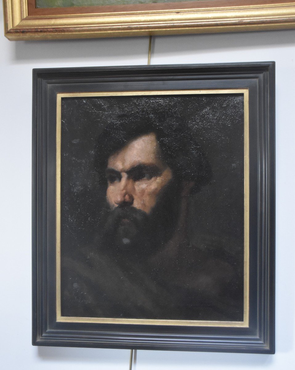 École romantique française 19ème siècle Tête d'homme barbu huile sur toile-photo-4