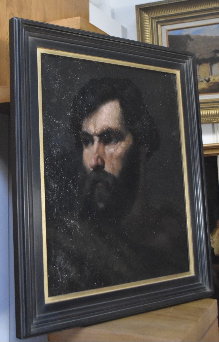 École romantique française 19ème siècle Tête d'homme barbu huile sur toile-photo-5