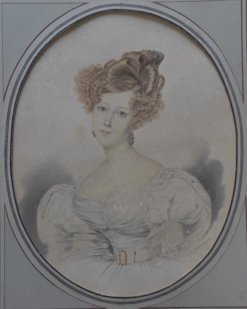 école Française, Vers 1840, Portrait d'Une Dame En Blanc, Aquarelle -photo-2