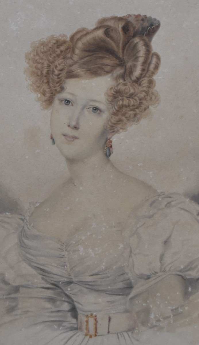 école Française, Vers 1840, Portrait d'Une Dame En Blanc, Aquarelle -photo-4