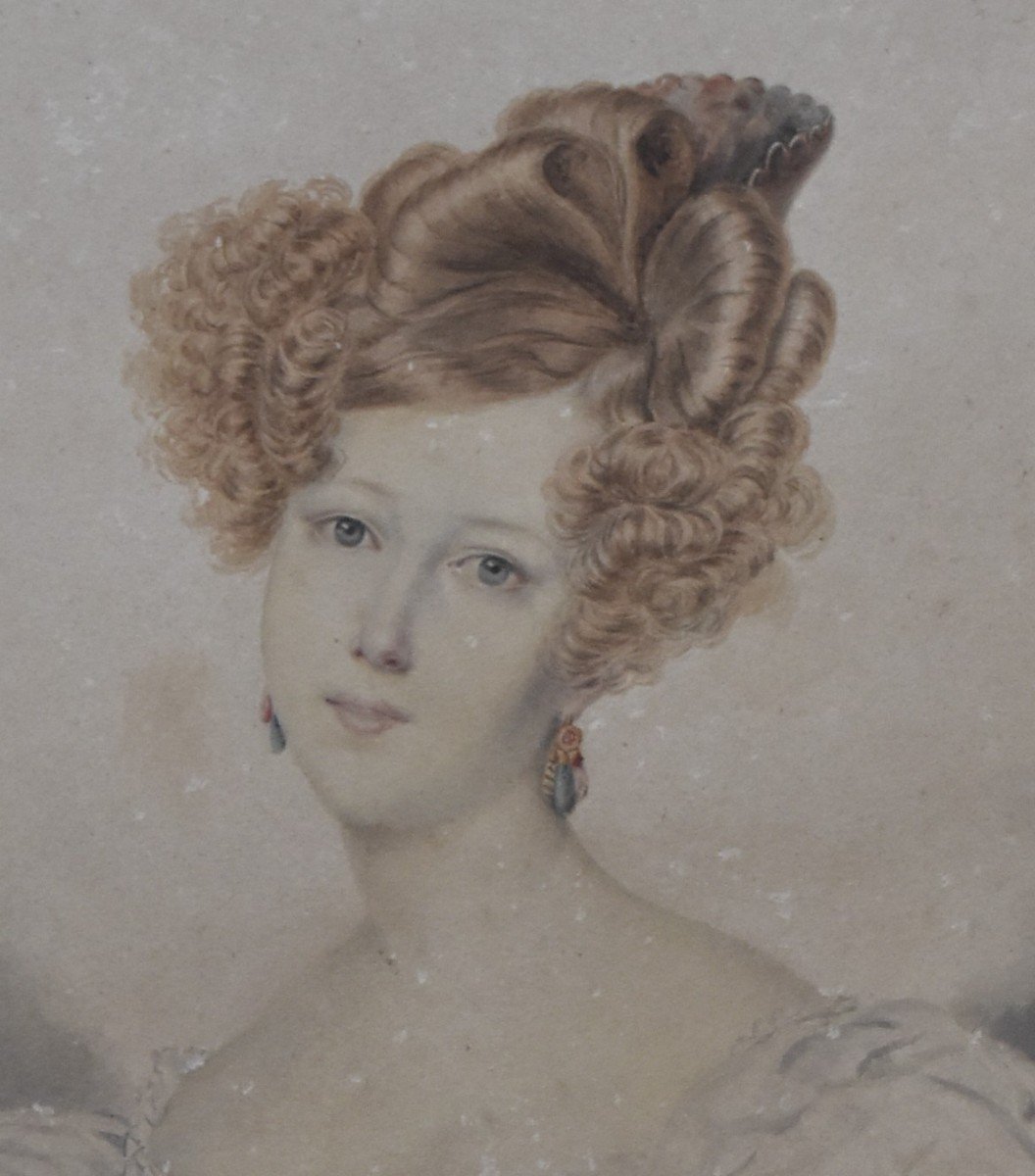 école Française, Vers 1840, Portrait d'Une Dame En Blanc, Aquarelle -photo-1