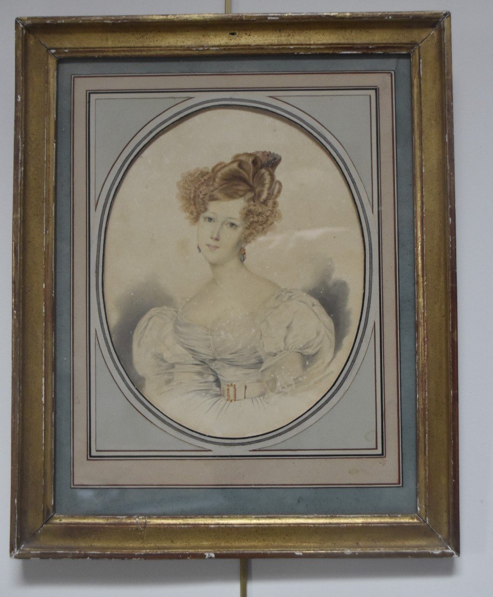 école Française, Vers 1840, Portrait d'Une Dame En Blanc, Aquarelle -photo-3