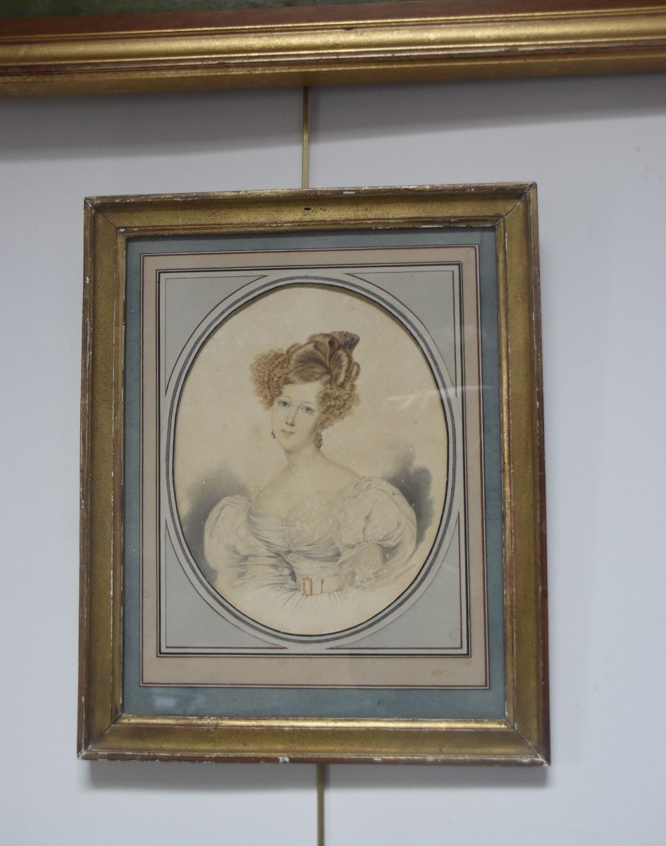 école Française, Vers 1840, Portrait d'Une Dame En Blanc, Aquarelle -photo-4
