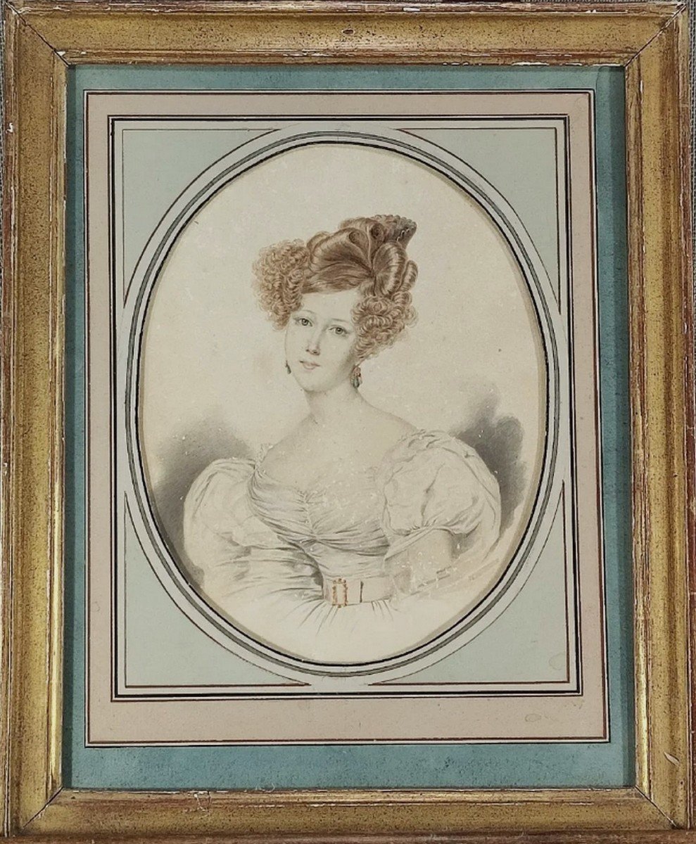 école Française, Vers 1840, Portrait d'Une Dame En Blanc, Aquarelle 
