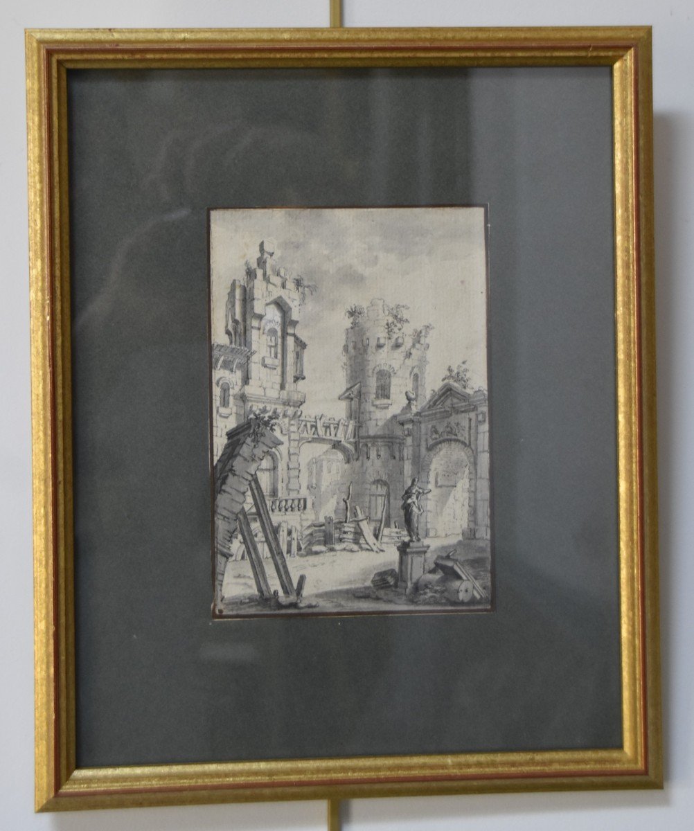 Ecole française du XVIIIe siècle,  Cour d'un palais en ruine, dessin à la plume-photo-2