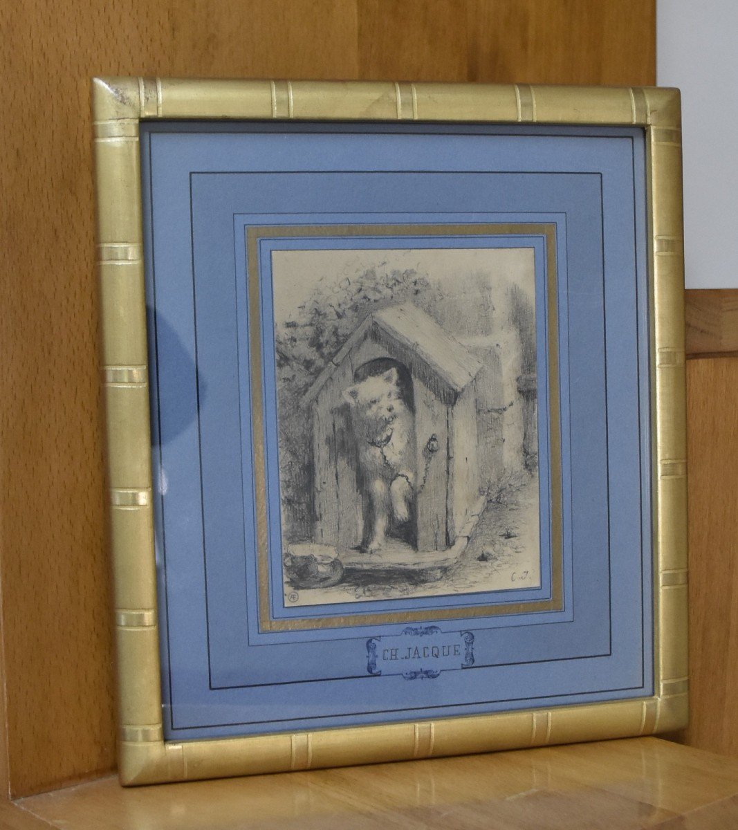 Charles Emile Jacque (1813-1894) Chien à la niche , dessin signé-photo-2