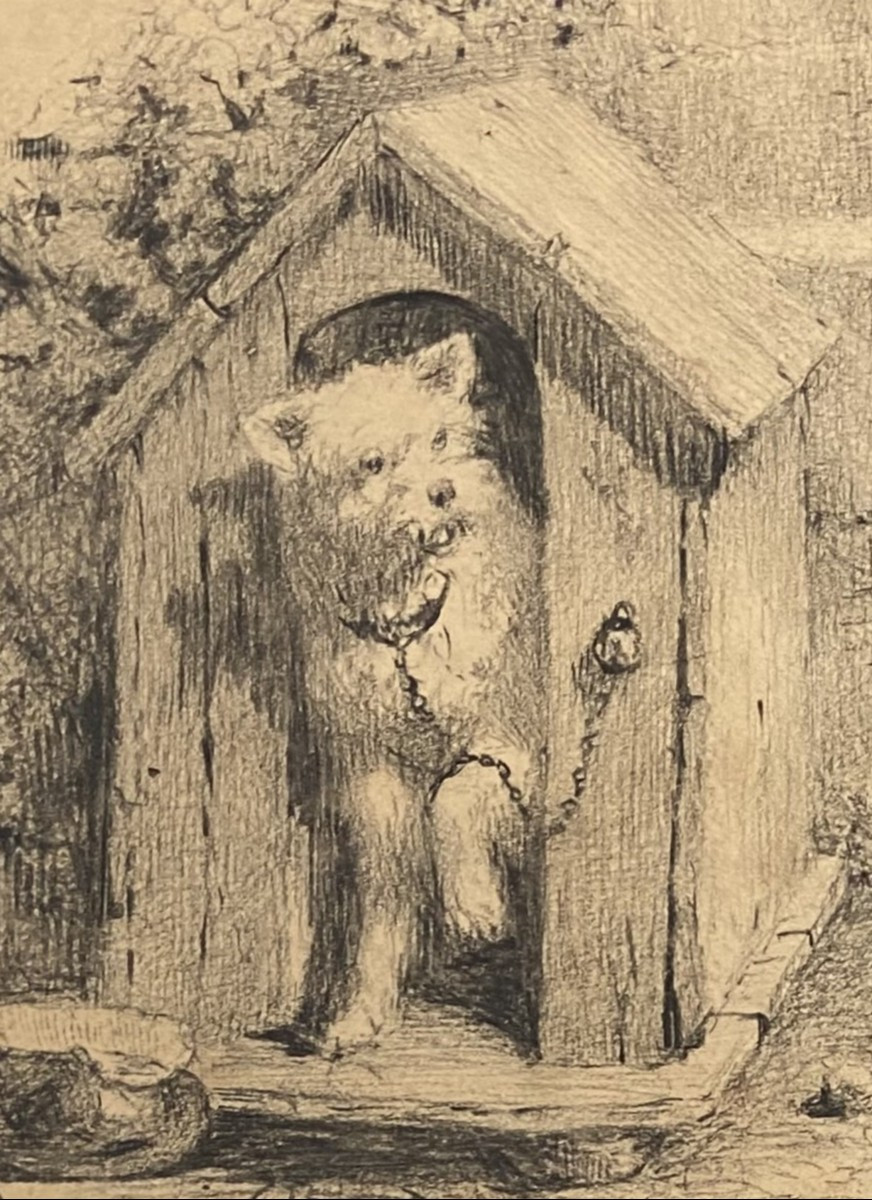 Charles Emile Jacque (paris 1813 - 1894) Dog In A Doghouse,  Signed Drawing-photo-6