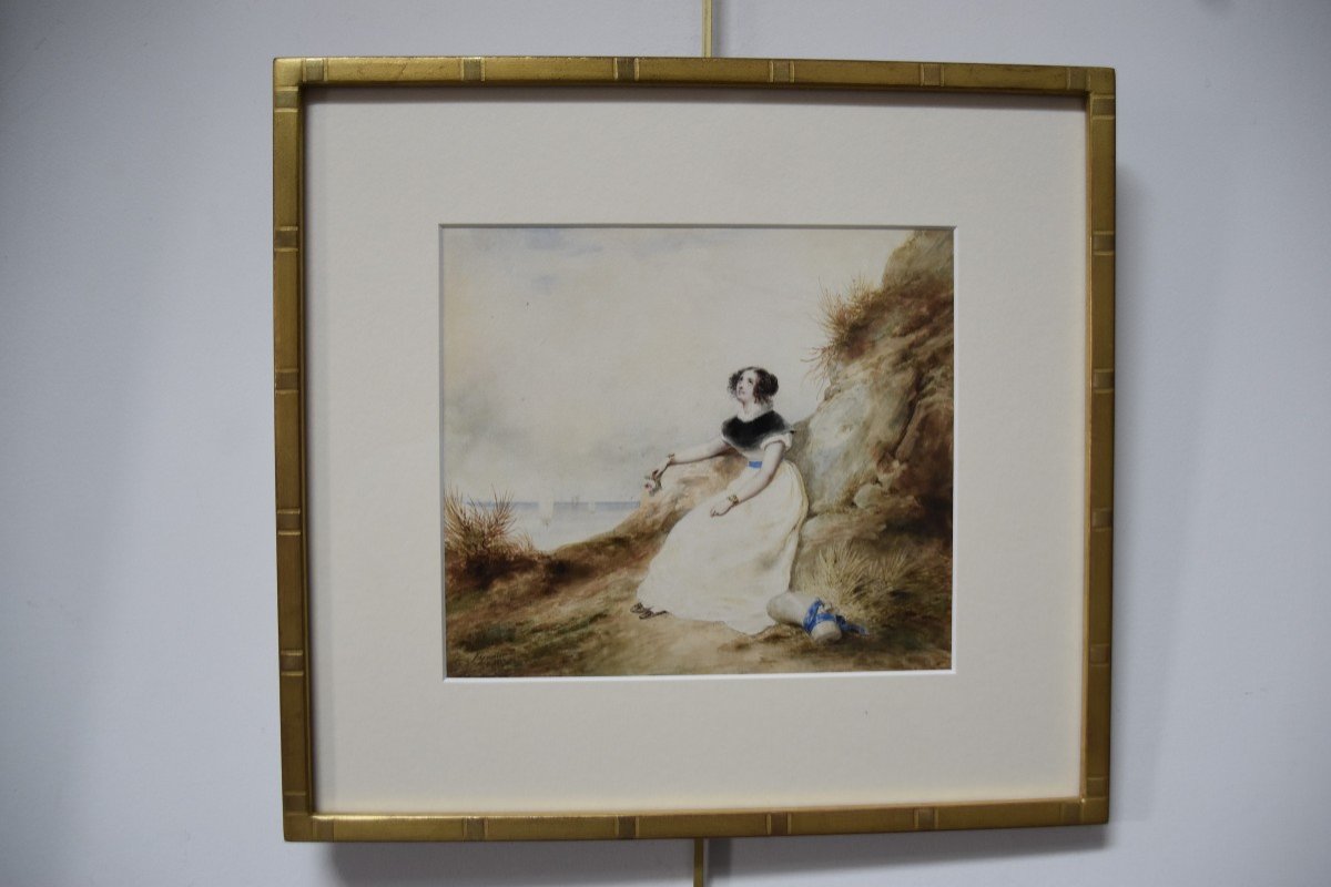 François Grenier De Saint Martin (1793-1867) Une Jeune Femme Sur La Plage, 1829, Aquarelle -photo-2
