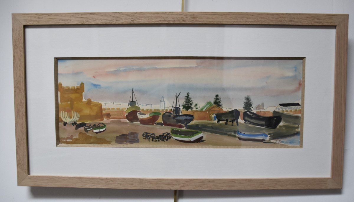Jean Launois (1898-1942)  Paysage d'Afrique du Nord, Un Port,  Aquarelle signée-photo-2