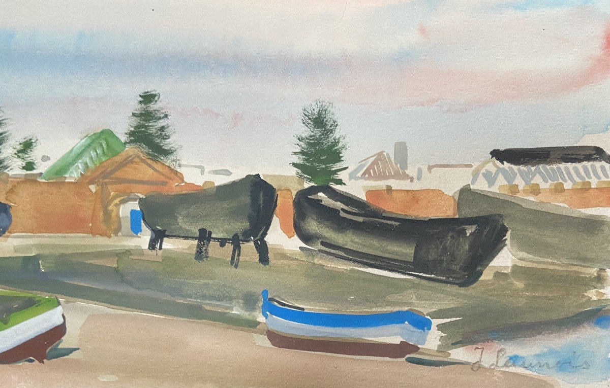 Jean Launois (1898-1942)  Paysage d'Afrique du Nord, Un Port,  Aquarelle signée-photo-2
