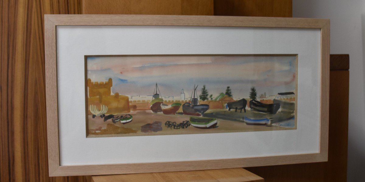 Jean Launois (1898-1942)  Paysage d'Afrique du Nord, Un Port,  Aquarelle signée-photo-4