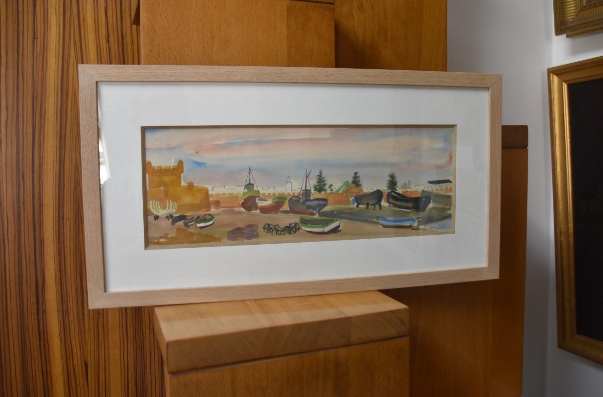 Jean Launois (1898-1942)  Paysage d'Afrique du Nord, Un Port,  Aquarelle signée-photo-5