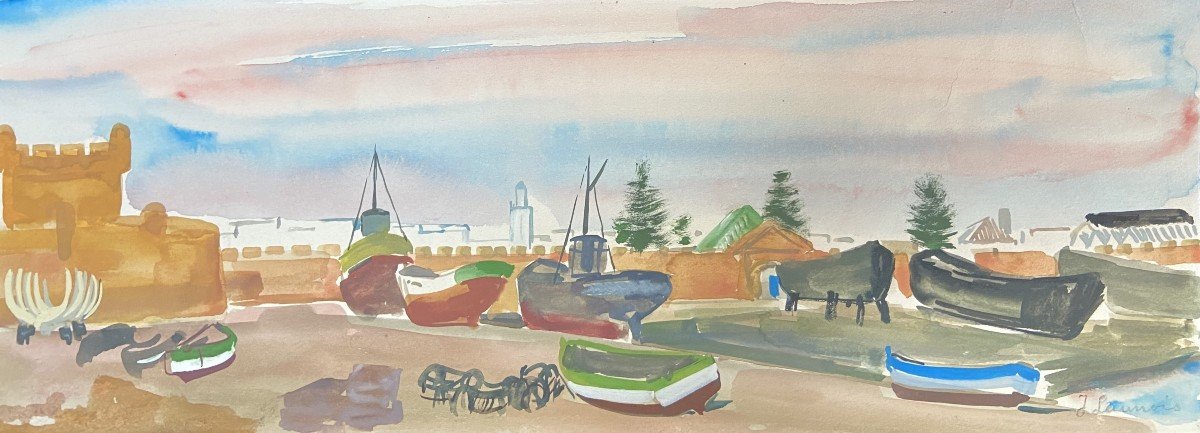 Jean Launois (1898-1942)  Paysage d'Afrique du Nord, Un Port,  Aquarelle signée