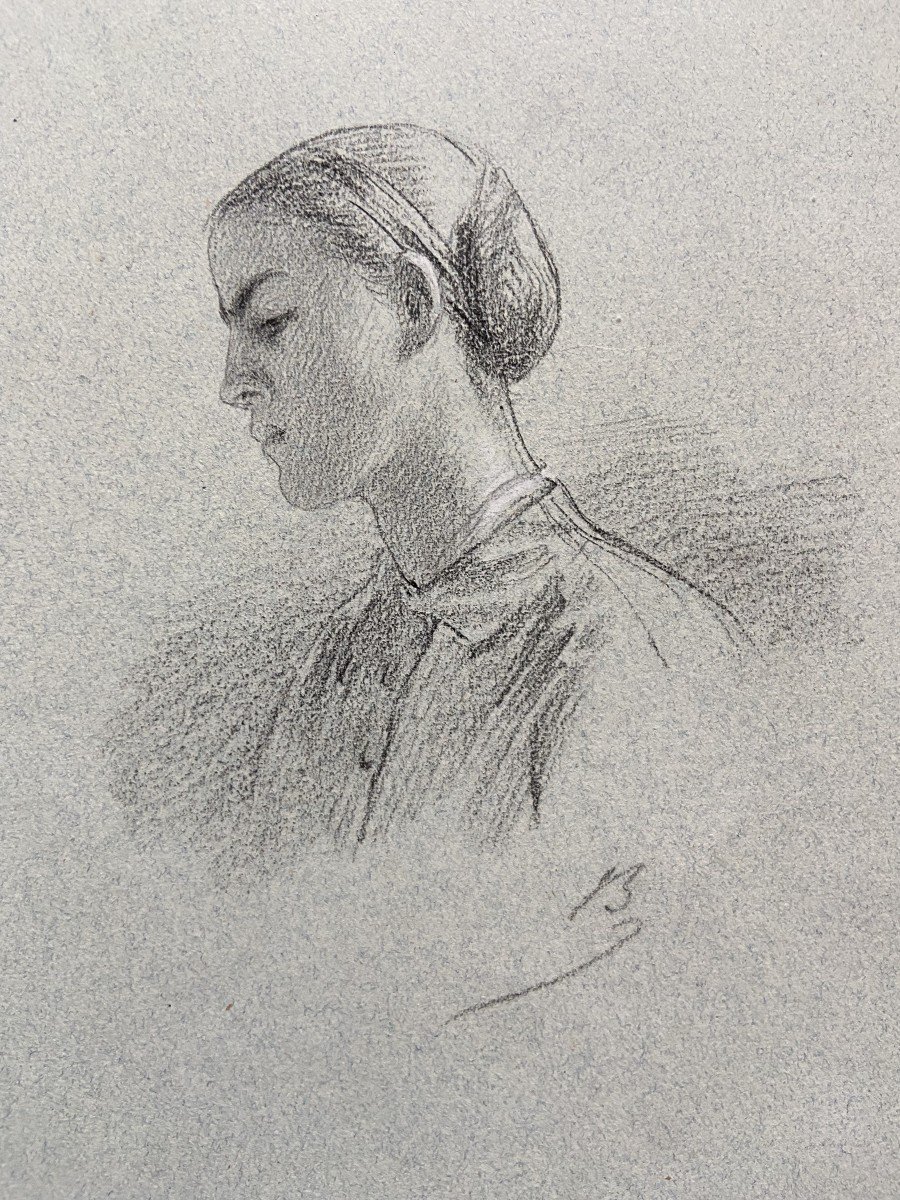 Alexandre Bida (1813-1895) Young Woman In Profile, Signed Drawing-photo-3