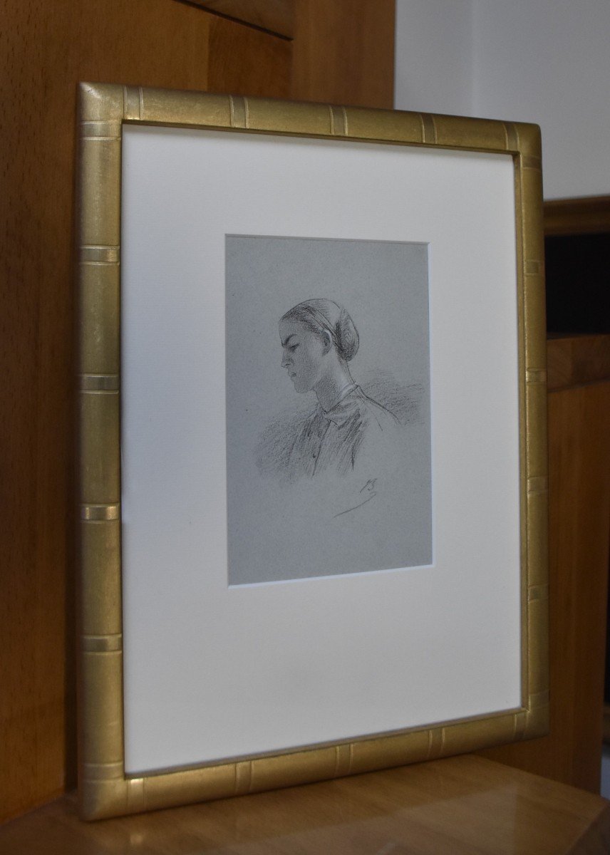 Alexandre Bida (1813-1895) Young Woman In Profile, Signed Drawing-photo-2