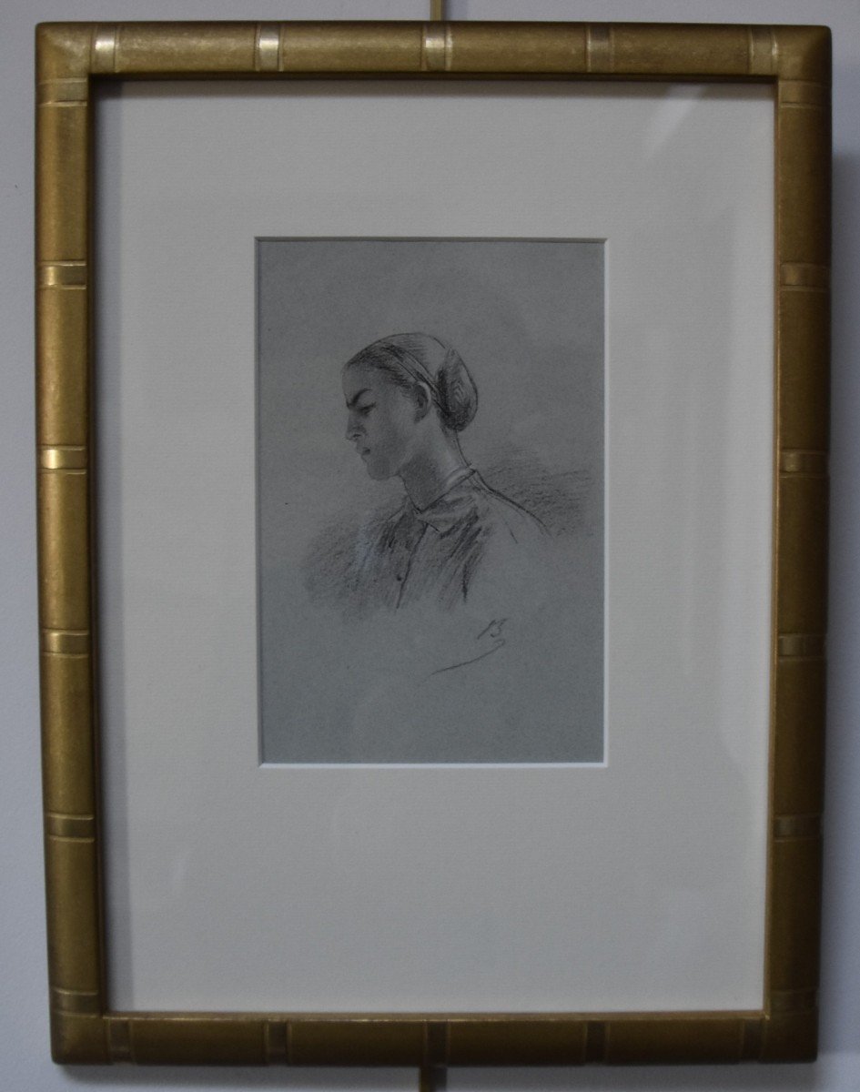 Alexandre Bida (1813-1895) Young Woman In Profile, Signed Drawing-photo-3