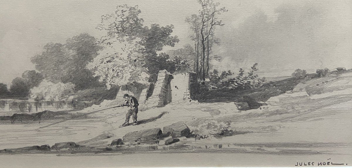 Jules Noël (1810-1881)  Paysage avec un pêcheur,  dessin signé-photo-3
