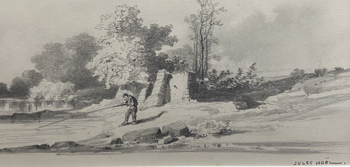 Jules Noël (1810-1881) Landscape With A Fisherman, Signed Drawing-photo-3