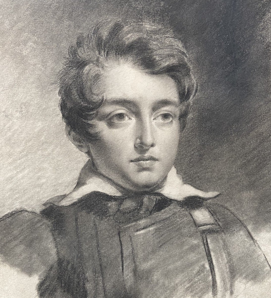French Romantic School, Circa 1840 Portrait Of A Young Man, Charcoal On Paper-photo-4