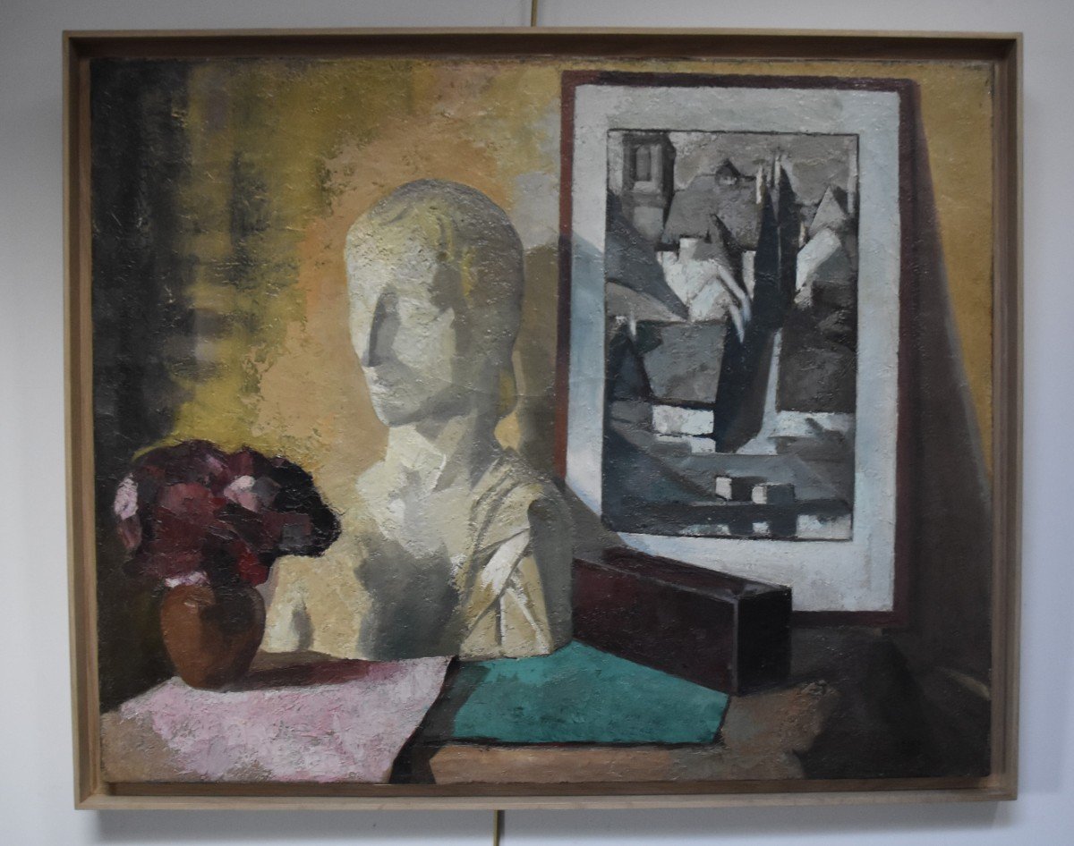 Roger Cortet (1910-1978) Still-life With A White Sculpture, Oil On Canvas Signed-photo-3