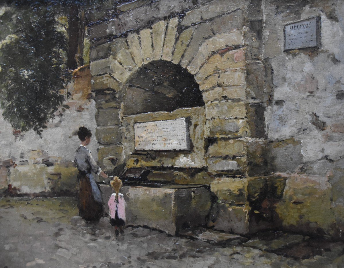 Paul Lecomte (1842-1920) Mère et fille à la fontaine, Huile signée-photo-4