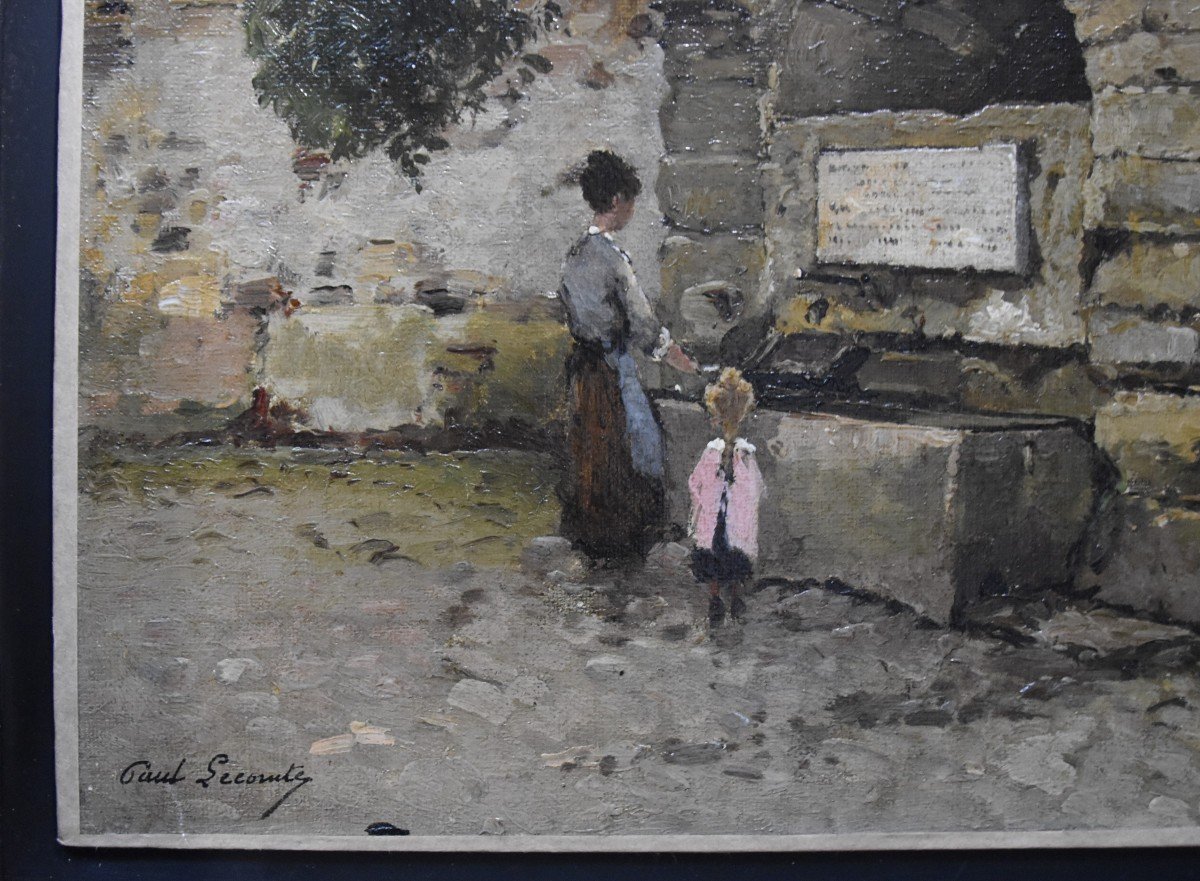 Paul Lecomte (1842-1920) Mère et fille à la fontaine, Huile signée-photo-1