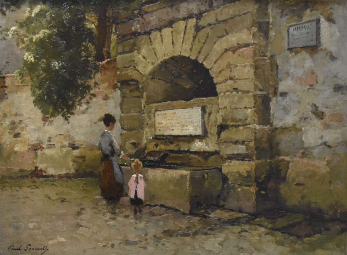 Paul Lecomte (1842-1920) Mère et fille à la fontaine, Huile signée