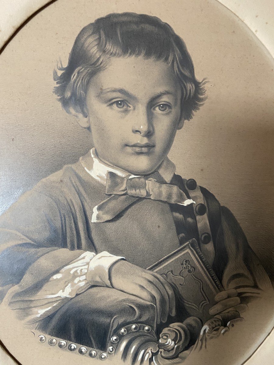 French School Of The 19th Century Portrait Of A Boy Holding A Book, Drawing-photo-3