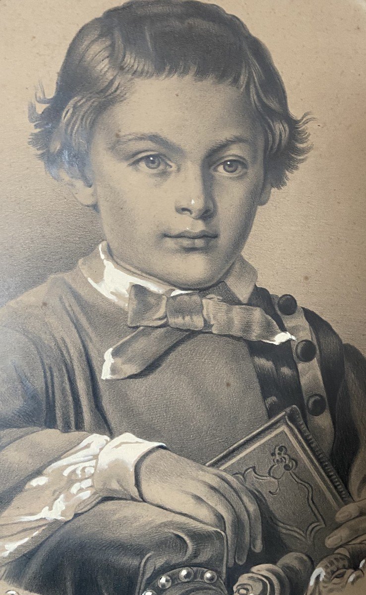 École française du XIX° siècle Portrait d'un garçon tenant un livre, dessin-photo-4