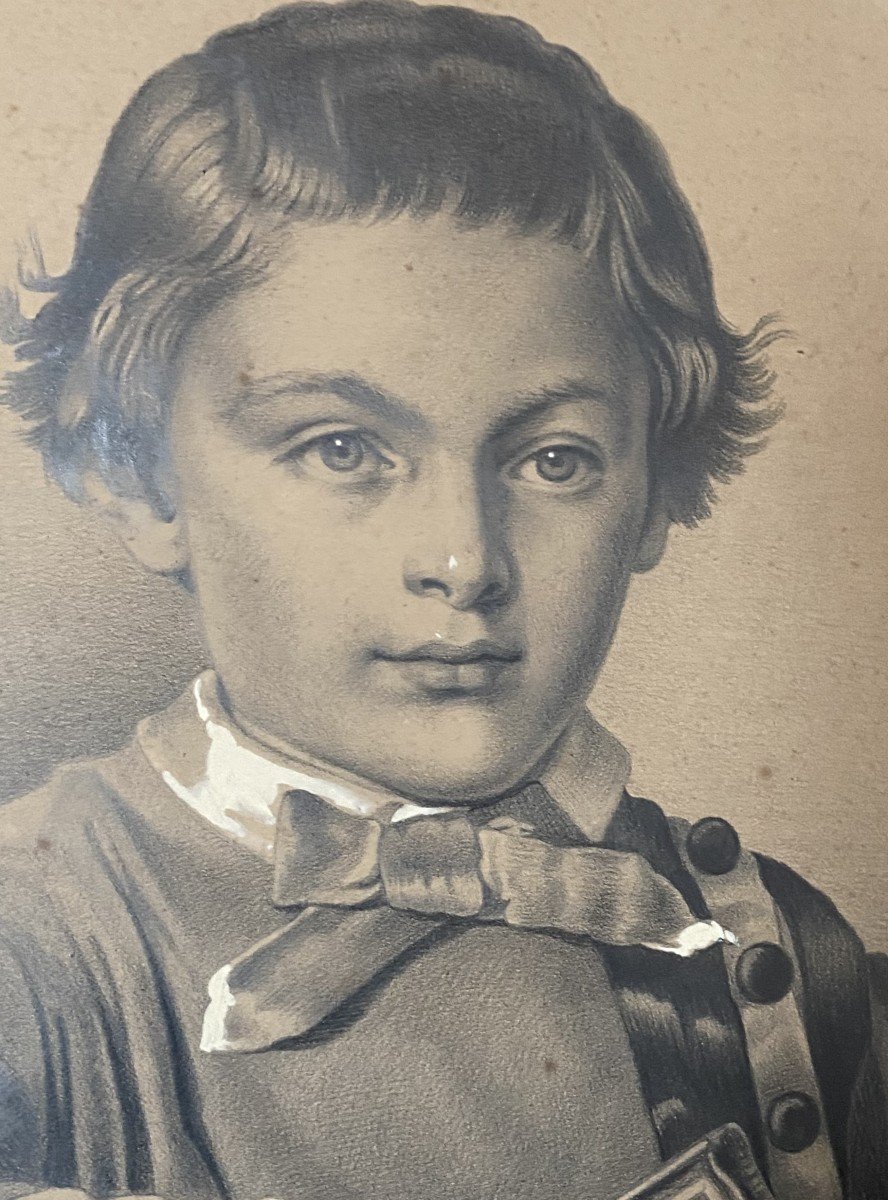 French School Of The 19th Century Portrait Of A Boy Holding A Book, Drawing-photo-1