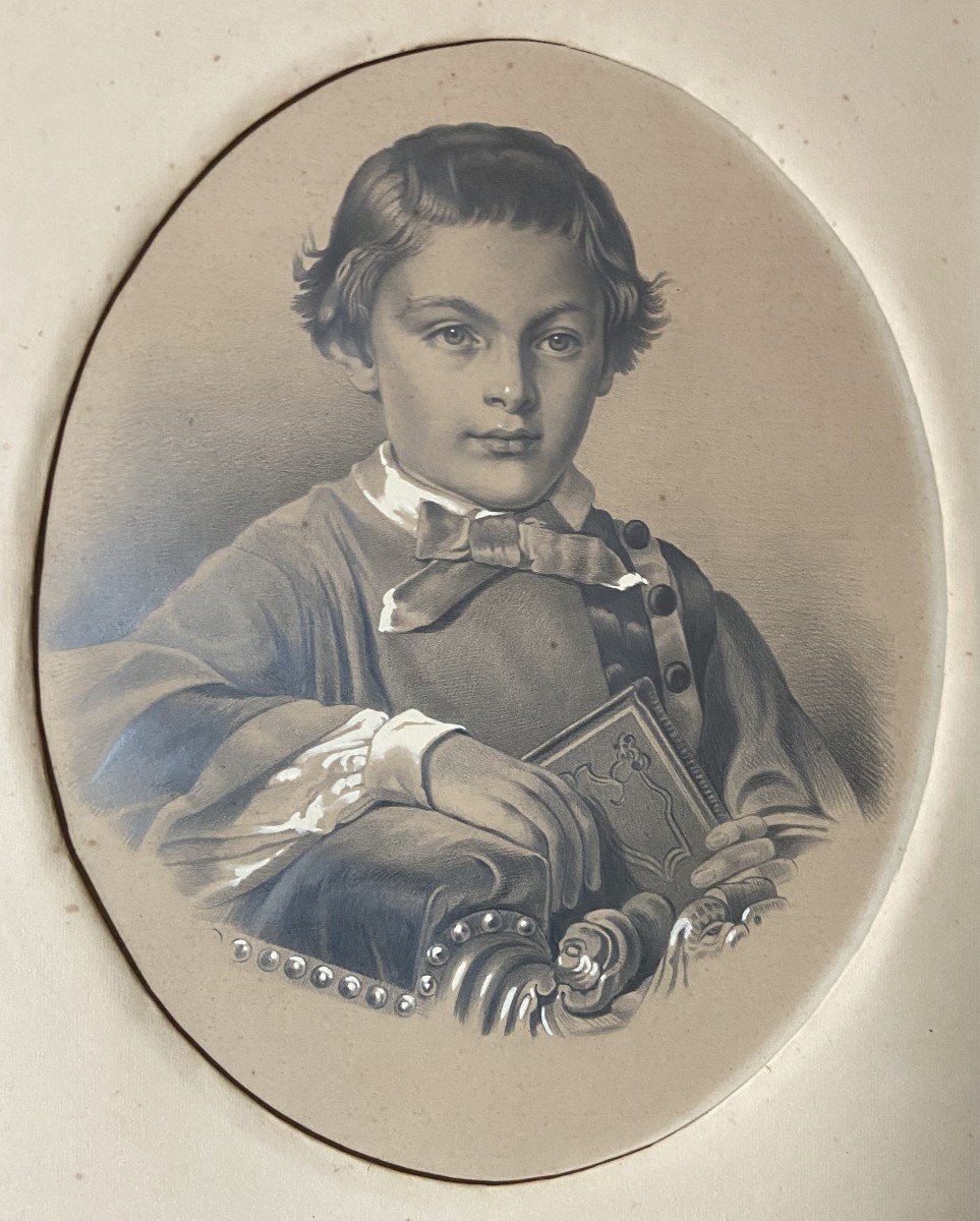 French School Of The 19th Century Portrait Of A Boy Holding A Book, Drawing-photo-2