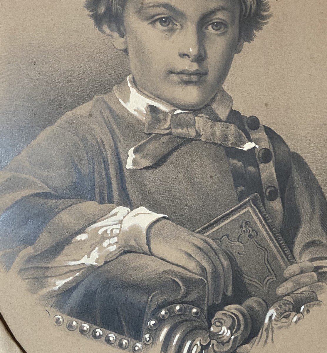 French School Of The 19th Century Portrait Of A Boy Holding A Book, Drawing-photo-3