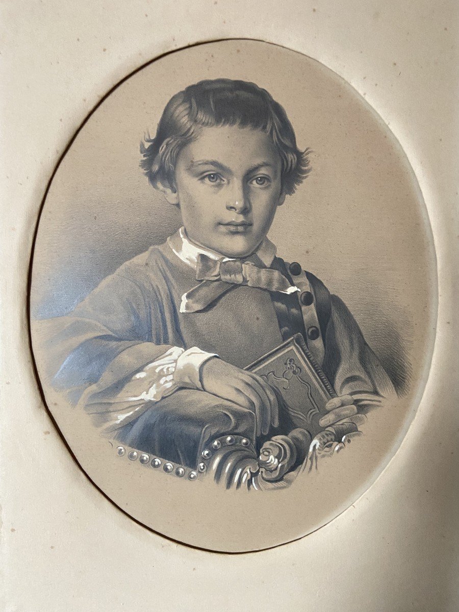 French School Of The 19th Century Portrait Of A Boy Holding A Book, Drawing-photo-4