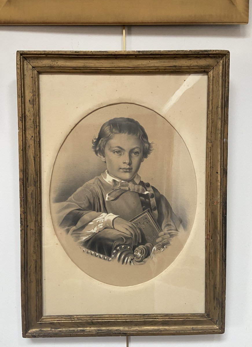 French School Of The 19th Century Portrait Of A Boy Holding A Book, Drawing-photo-5