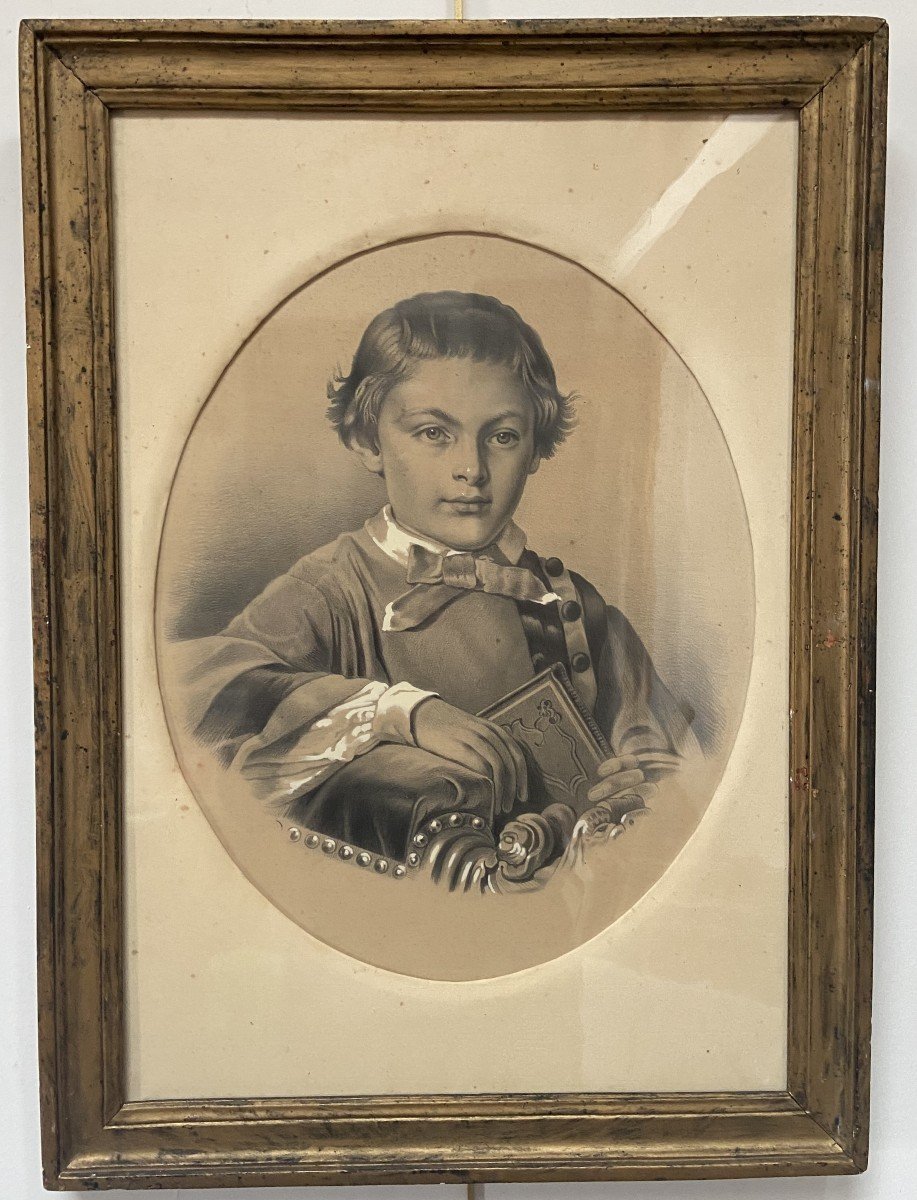 French School Of The 19th Century Portrait Of A Boy Holding A Book, Drawing-photo-6