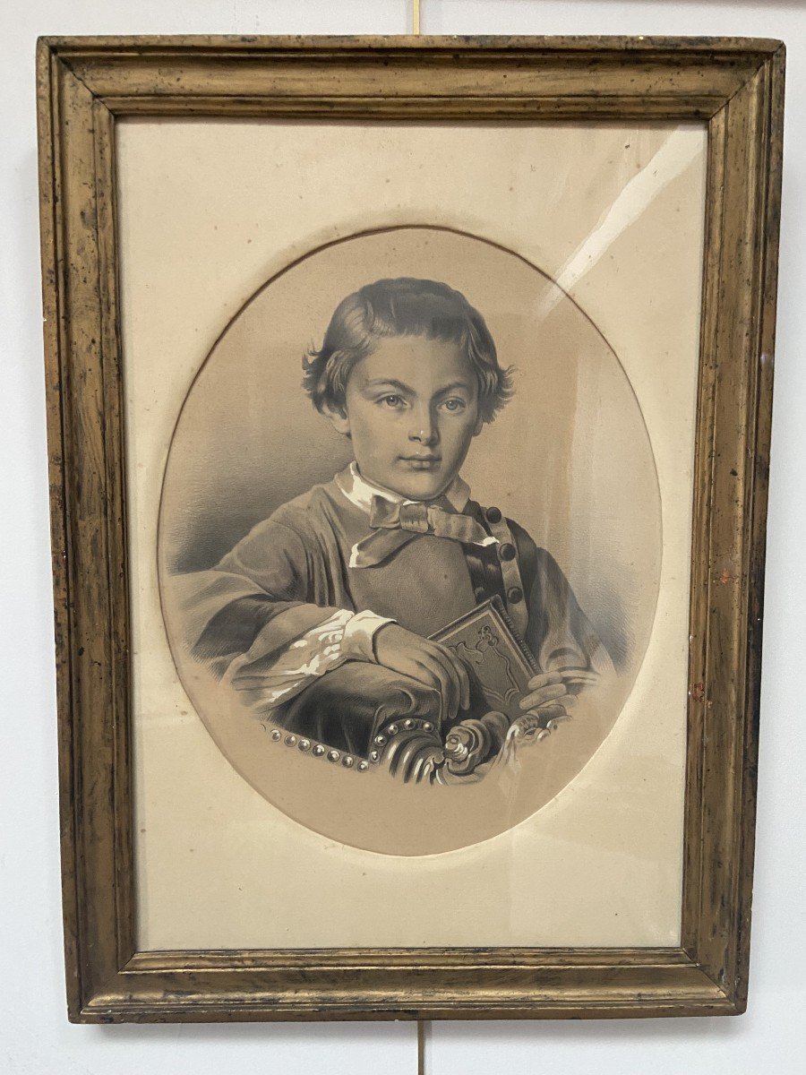 French School Of The 19th Century Portrait Of A Boy Holding A Book, Drawing-photo-8