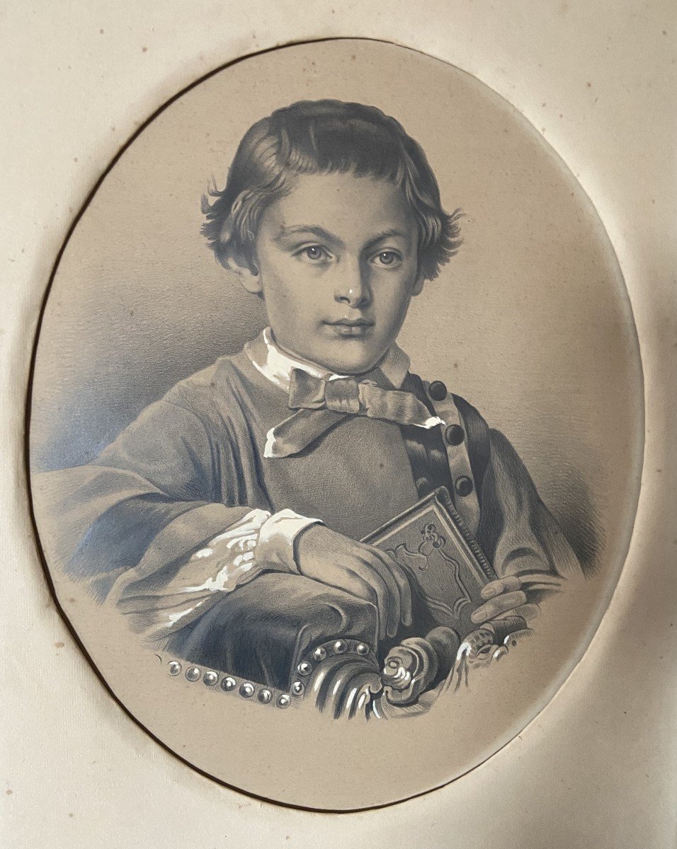 École française du XIX° siècle Portrait d'un garçon tenant un livre, dessin