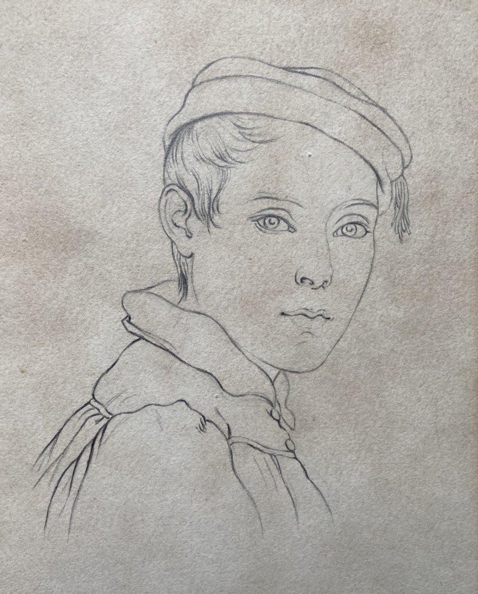 19th Century German School, Portrait Of A Young Boy, Pencil On Paper-photo-2