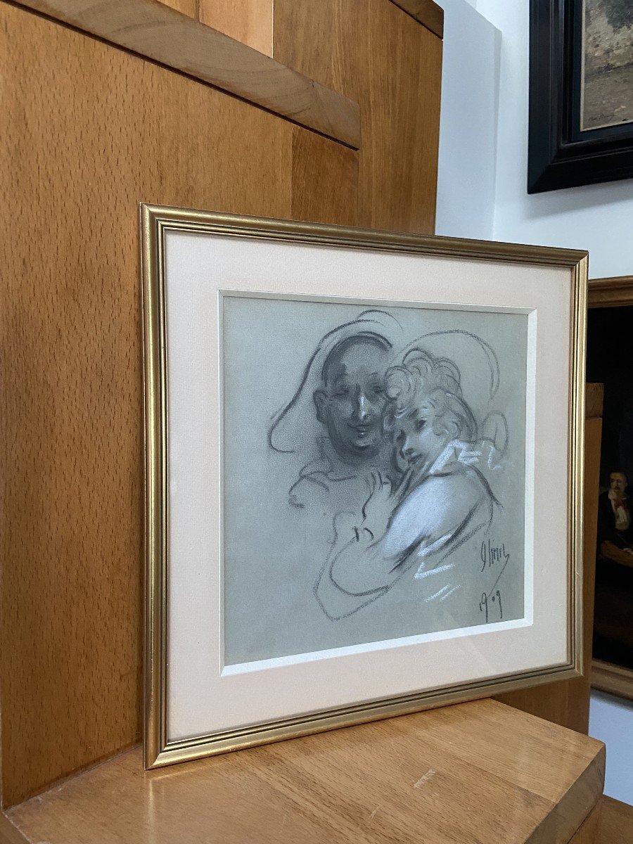 Jules Chéret (1836-1932) Un Couple, 1909, Dessin Signé-photo-3