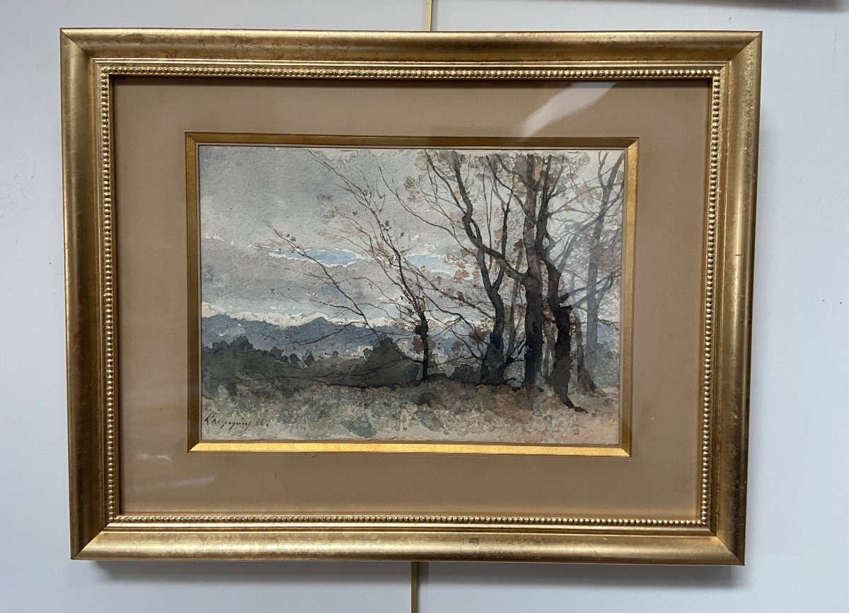 Henri Harpignies (1819-1916) A Landscape In Winter, 1888, Signed Watercolor-photo-2