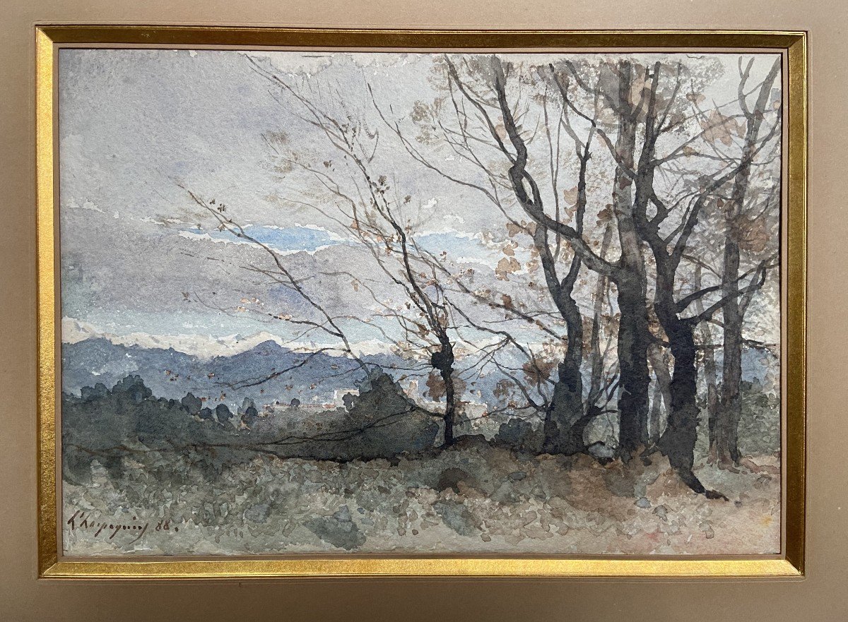 Henri Harpignies (1819-1916) A Landscape In Winter, 1888, Signed Watercolor-photo-1