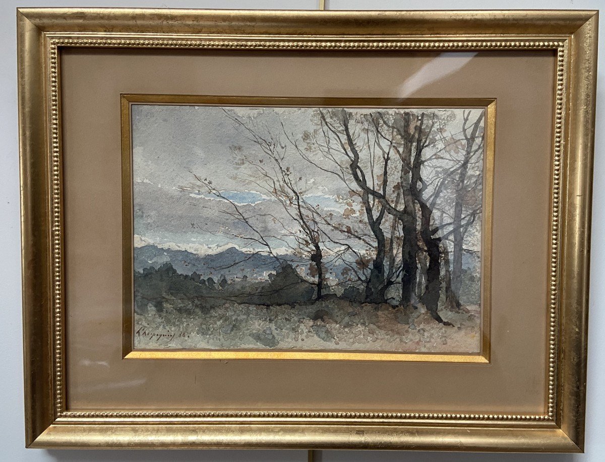 Henri Harpignies (1819-1916) A Landscape In Winter, 1888, Signed Watercolor-photo-6