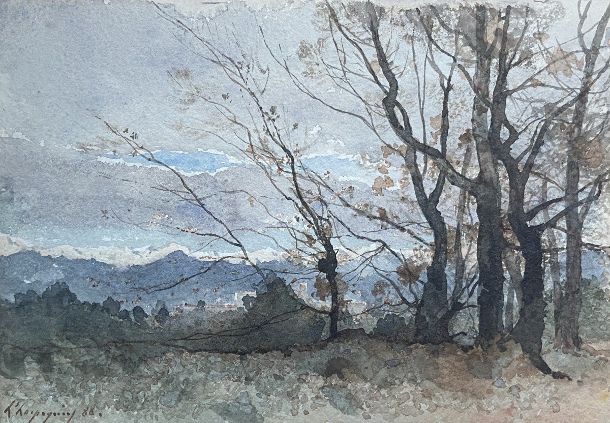 Henri Harpignies (1819-1916) A Landscape In Winter, 1888, Signed Watercolor