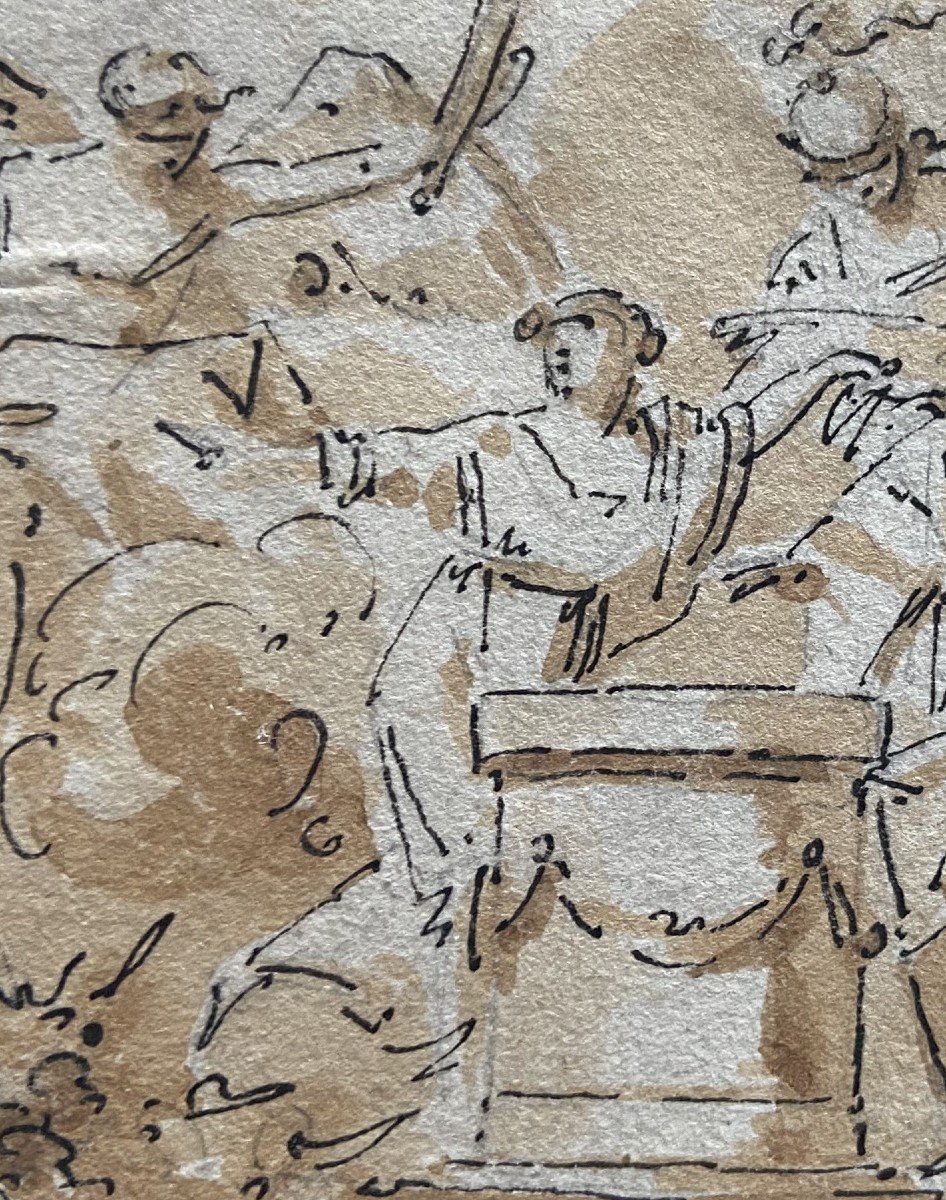 École française du XVIIIe siècle,  Scène mythologique avec un couple,  Plume et encre brune-photo-4