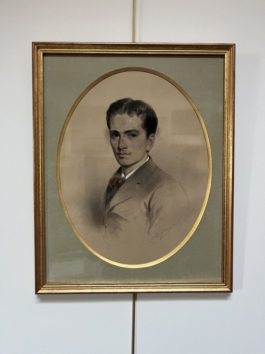 French School, 19th Century, Portrait Of A Young Man, Signed Drawing-photo-1